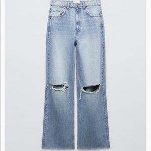 Zara TRF High Rise Wide Leg Ripped Jeans